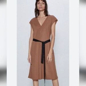 Zara Brown Midi Dress with Black Belt Size S.
